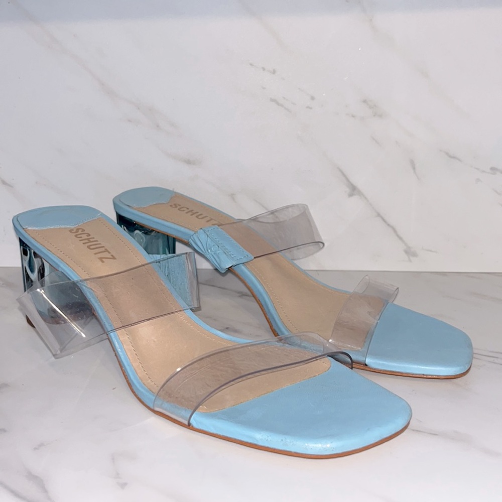 Schutz ariella blue lucite heel strappy heels sandals sz 9.5
